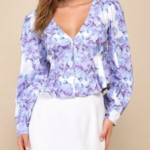 Lulus Amazing Aesthetic White And Blue Floral Print Long Sleeve Top - Size XL